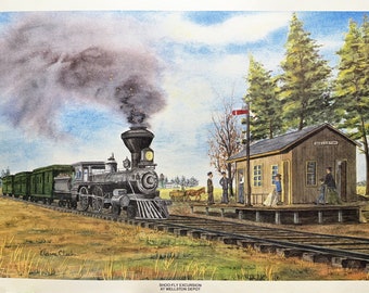 Train Depot et lithographie de locomotive à vapeur vintage de peinture à l'aquarelle vers 1935