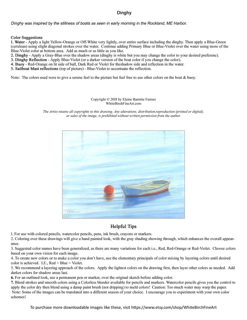 Dinghy Row Boat Harbor Cove Seascape Coloring Pages w/Instructions for both 5x7 and 8x10 sizes Digital Download & Printable Adult and Kids 画像 3