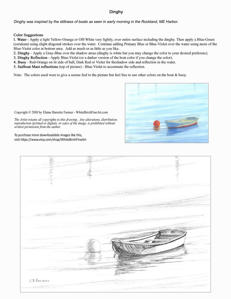 Dinghy Row Boat Harbor Cove Seascape Coloring Pages w/Instructions for both 5x7 and 8x10 sizes Digital Download & Printable Adult and Kids 画像 4