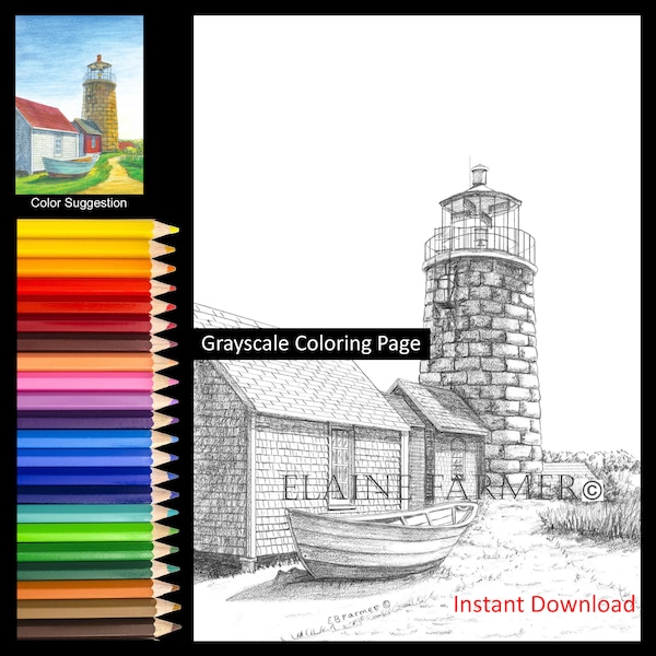 Monhegan Lighthouse Dingy Maine Coast Coloring Pages w/Instructions for both 5x7 and 8x10 sizes Digital Download & Printable Adult and Kids