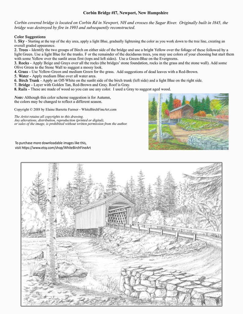 Corbin Covered Bridge Birch Tree NH Coloring Pages - Etsy Canada