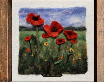 Coquelicots 24 x 21 cm paysage printanier original unique en son genre fabriqué à la main en feutre de laine et aiguille en fibre, exposition d'art sur un mur ou une table (pas une impression)