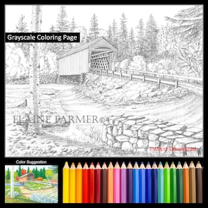 Corbin Covered Bridge Birch Tree NH Coloring Pages w/Instructions for 5x7 and 8x10 sizes Digital Download and Printable for Adult and Kids