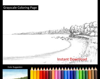 Beach Dune Ocean Coastal Seascape Coloring Pages w/Instructions for both 5x7 and 8x10 sizes Digital Download & Printable Adult and Kids