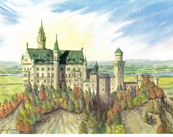 Impression aquarelle Castle LUDWIG'S Château de Neuschwanstein situé dans le sud-ouest de la Bavière, Allemagne