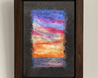 Coucher de soleil 5 x 7 océan paisible original fait main one-of-a-kind laine feutre et fibre art aiguille, affichage sur mur ou table (pas une impression)