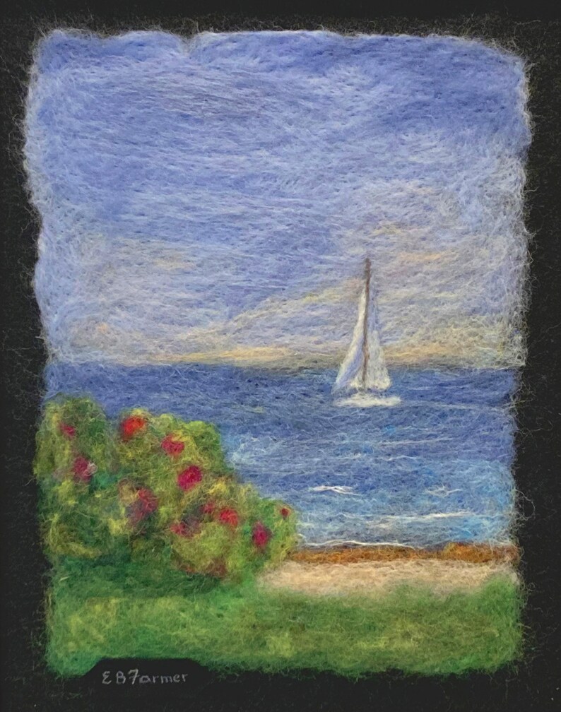 Summer Sailing Boat Sea Roses Beach Nautical Seascape original 8x10 Needle Wool Felt and Fiber framed artwork wall table