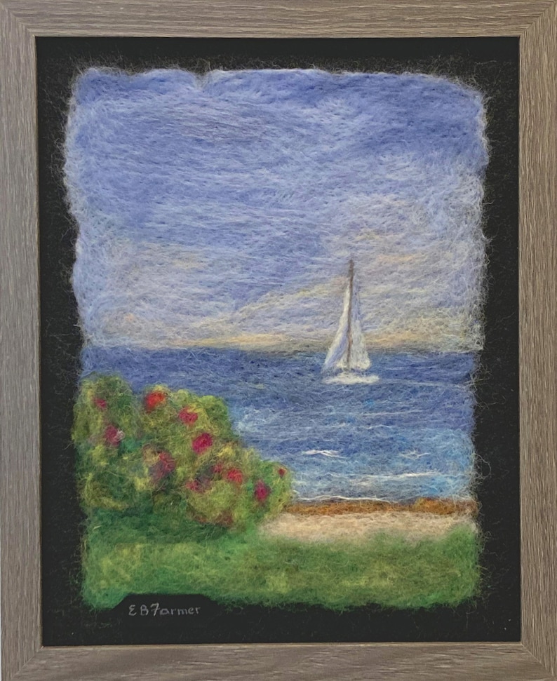Summer Sailing Boat Sea Roses Beach Nautical Seascape original 8x10 Needle Wool Felt and Fiber framed artwork wall table