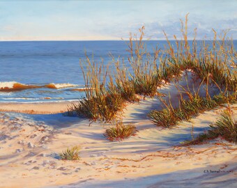 Impression d'art Beach Dune Ocean Sand Grass 5 x 7 montée dans un passe-partout 8 x 10, prête à être encadrée.