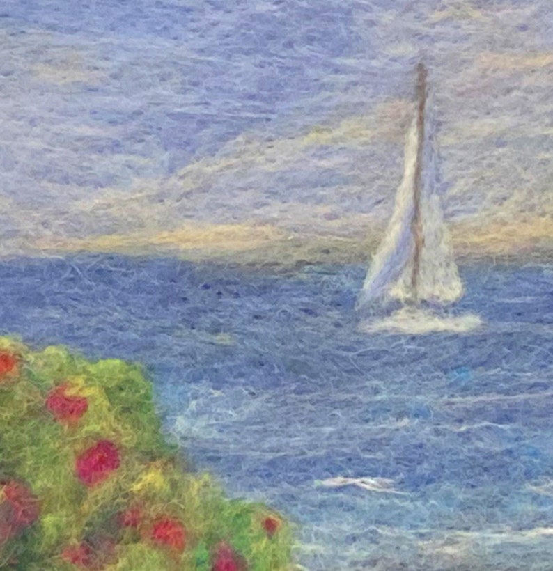 Summer Sailing Boat Sea Roses Beach Nautical Seascape original 8x10 Needle Wool Felt and Fiber framed artwork wall table