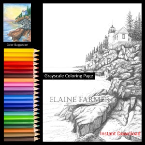 Lighthouse Bass Harbor Light Acadia Nat'l Pk Coloring Pages w/Instructions for both 5x7 and 8x10 sizes Digital Download