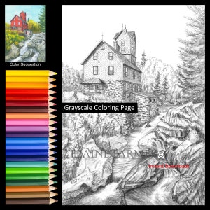 Old Red Stone Mill Rural Vermont Scene Coloring Page w/Instructions for 5x7 and 8x10 sizes Digital Download and Printable for Adult and Kids