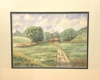 Campagne anglaise 16 x 20 emmêlés Meadow Lane paysage paysage pays original fait main one-of-a-kind aquarelle (pas une impression)