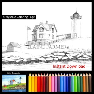 Nubble Lighthouse Cape Neddick, ME Coast Coloring Pages Instructions for both 5x7 and 8x10 sizes Digital Download & Printable Adult and Kids