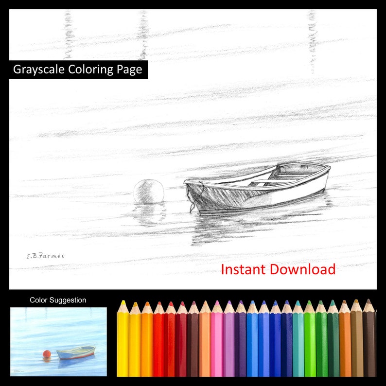 Dinghy Row Boat Harbor Cove Seascape Coloring Pages w/Instructions for both 5x7 and 8x10 sizes Digital Download & Printable Adult and Kids 画像 1