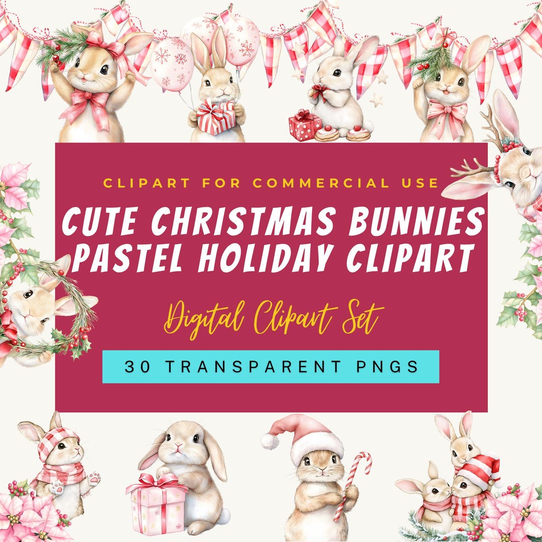 Cute Christmas Bunnies Clipart | Pastel Holiday PNG | Kawaii Winter ...