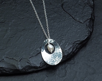 freshwater pearl inside hammered sterling silver oval on short chain necklace, ildiko jewelry, minimalist jewelry