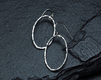 hammered sterling silver small oval outline drop earrings, minimalist jewelry