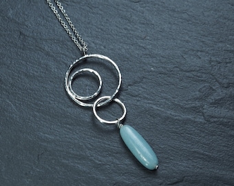 amazonite drop off three sterling silver circles pendant on long chain necklace, ildiko jewelry, minimalist jewelry