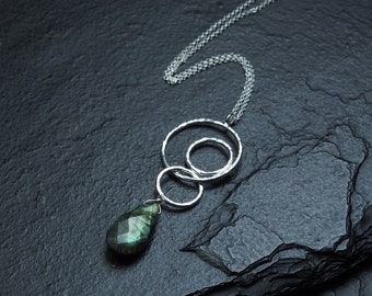 labradorite drop off three circles sterling silver pendant on long chain necklace, ildiko jewelry, minimalist jewelry
