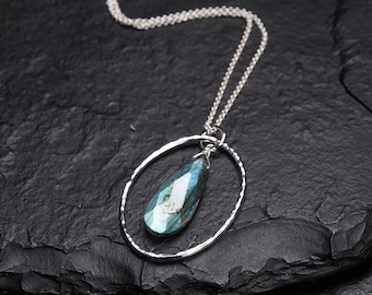 Labradorite drop inside Sterling Silver Oval Necklace, Minimalist Jewelry, Ildiko Jewelry