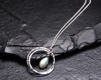 Labradorite inside Two Sterling Silver Circles Necklace, Minimalist Jewelry, Ildiko Jewelry
