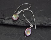 iridescent purple flat oval freshwater pearl drop earrings, sleek hook minimalist earrings, ildiko jewelry