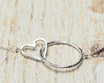 hammered sterling silver heart and circle intertwined short chain necklace, ildiko jewelry, minimalist jewelry