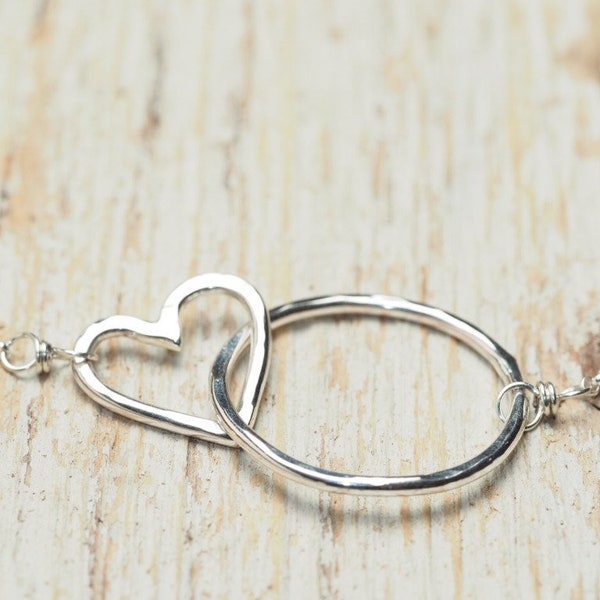 hammered sterling silver heart and circle intertwined short chain necklace, ildiko jewelry, minimalist jewelry