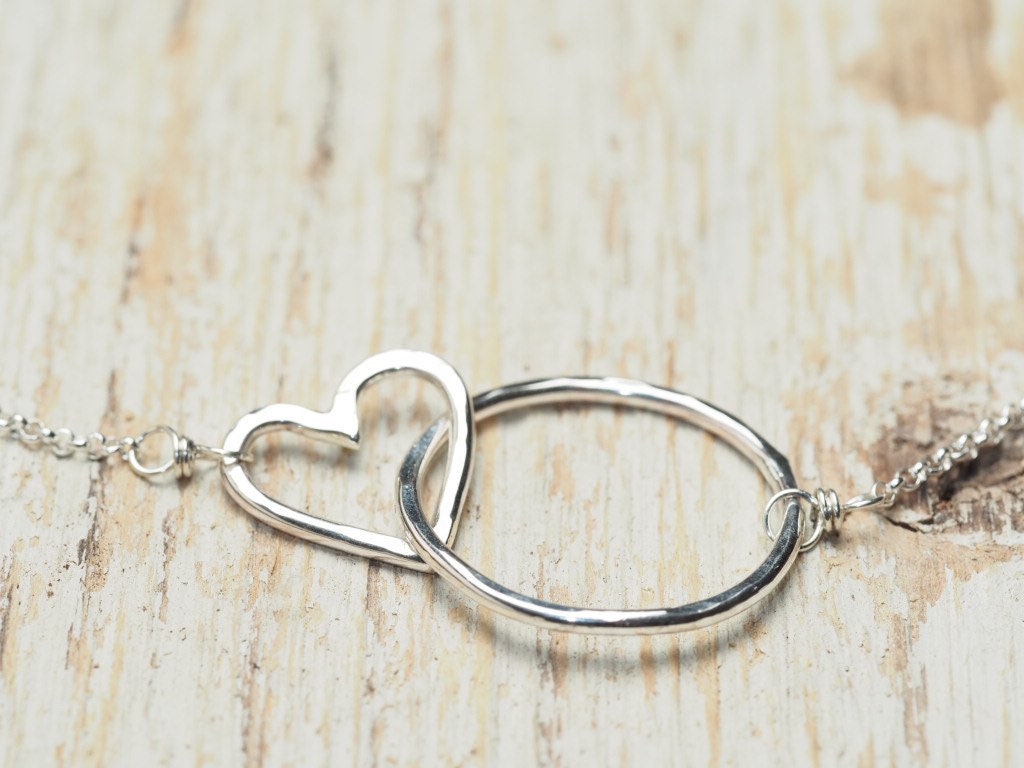 hammered sterling silver heart and circle intertwined short chain necklace, ildiko jewelry, minimalist