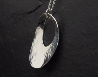 hammered sterling silver solid oval with oval cutout pendant, long chain necklace, ildiko jewelry, minimalist jewelry