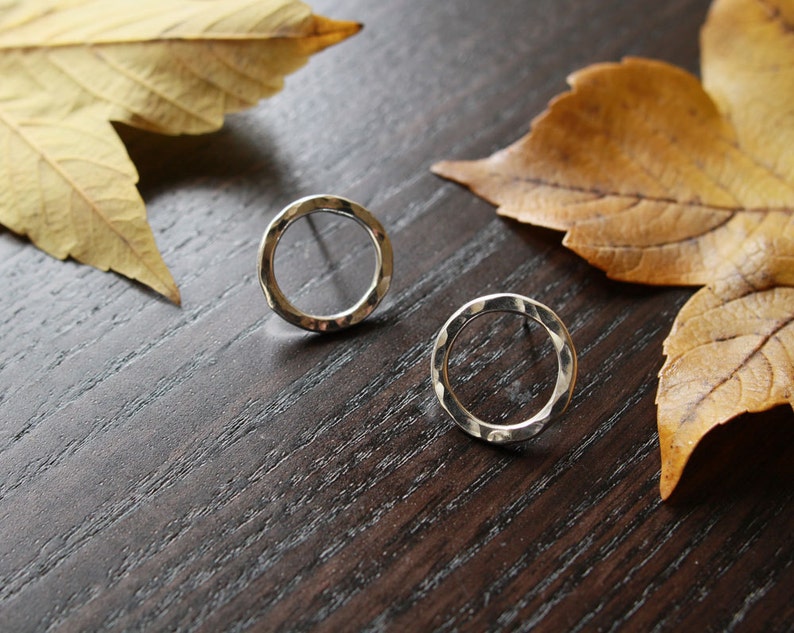 hammered sterling silver open circle stud earrings, ildiko jewelry, minimalist jewelry image 2