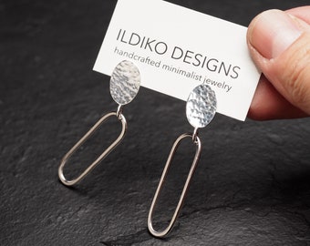 hammered sterling silver oval studs with dangling paper clip chain link, ildiko jewelry, minimalist jewelry