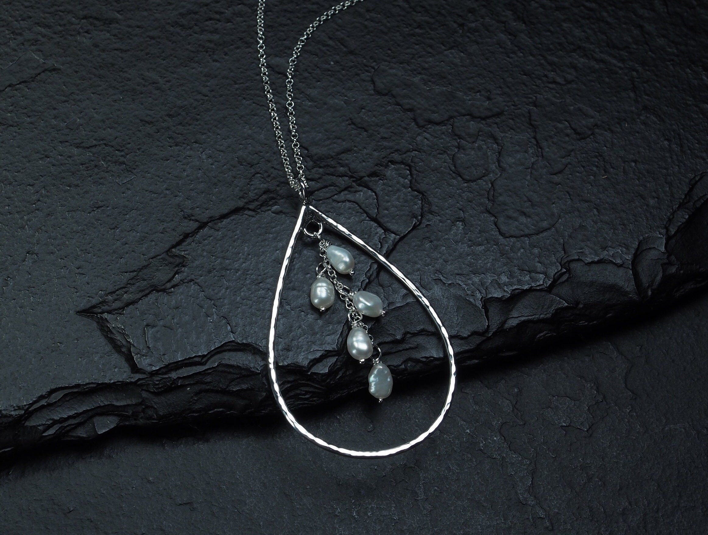 freshwater pearl drops within hammered sterling silver teardrop pendant, long chain necklace, ildiko jewelry, minimalist