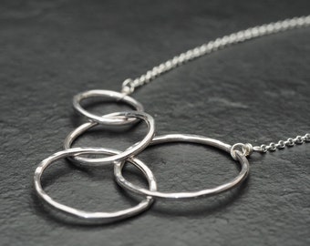 generations of love hammered sterling silver four intertwined circles necklace, ildiko jewelry, minimalist jewelry