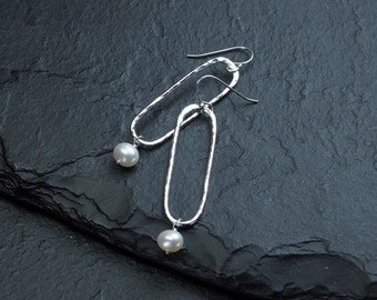 white freshwater pearl drop off slim sterling silver oval drop earrings, ildiko jewelry, minimalist jewelry