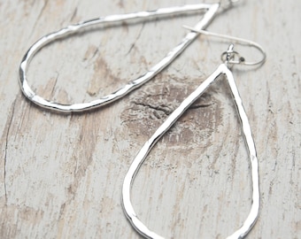 hammered sterling silver teardrop outline drop earrings, ildiko jewelry, minimalist jewelry