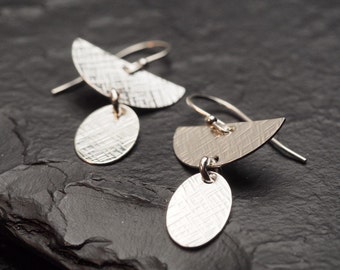 Half circle and Oval Drop Sterling Silver Dangly Earrings, Minimalist Jewelry, Ildiko Jewelry