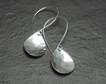 hammered sterling silver teardrop off long sleek sterling silver hook earrings, ildiko jewelry, minimalist jewelry