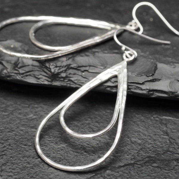 sterling silver double teardrop earrings, minimalist chandelier style, minimalist jewelry