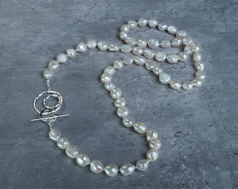 round white freshwater pearl necklace with sterling silver toggle clasp, long knotted necklace, minimalist jewelry