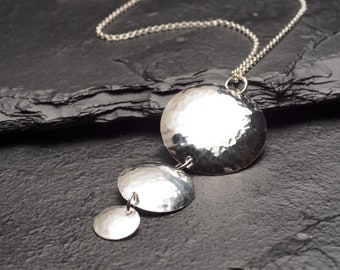 three hammered sterling silver circles descending on long chain necklace, ildiko jewelry, minimalist jewelry