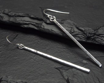 hammered sterling silver long bar dangle earrings, ildiko jewelry, minimalist jewelry