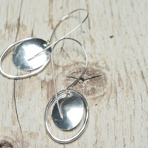 hammered sterling silver oval drop earrings, domed oval and oval outline off long sleek hooks, ildiko jewelry, minimalist jewelry image 3