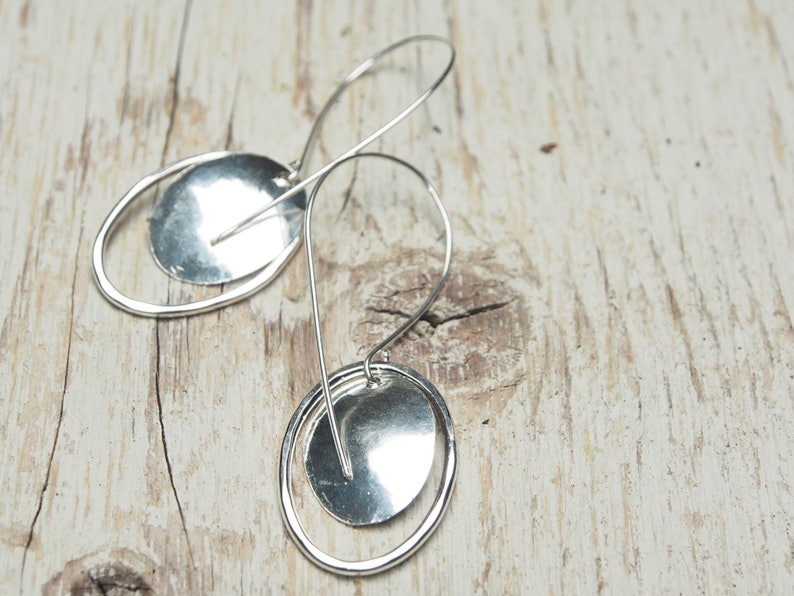 hammered sterling silver oval drop earrings, domed oval and oval outline off long sleek hooks, ildiko jewelry, minimalist jewelry image 3