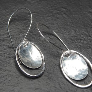 hammered sterling silver oval drop earrings, domed oval and oval outline off long sleek hooks, ildiko jewelry, minimalist jewelry image 4