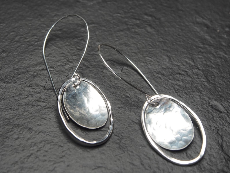 hammered sterling silver oval drop earrings, domed oval and oval outline off long sleek hooks, ildiko jewelry, minimalist jewelry image 4