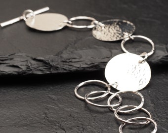 hammered sterling silver link bracelet with flat solid circles and open link circles, ildiko jewelry, minimalist jewelry