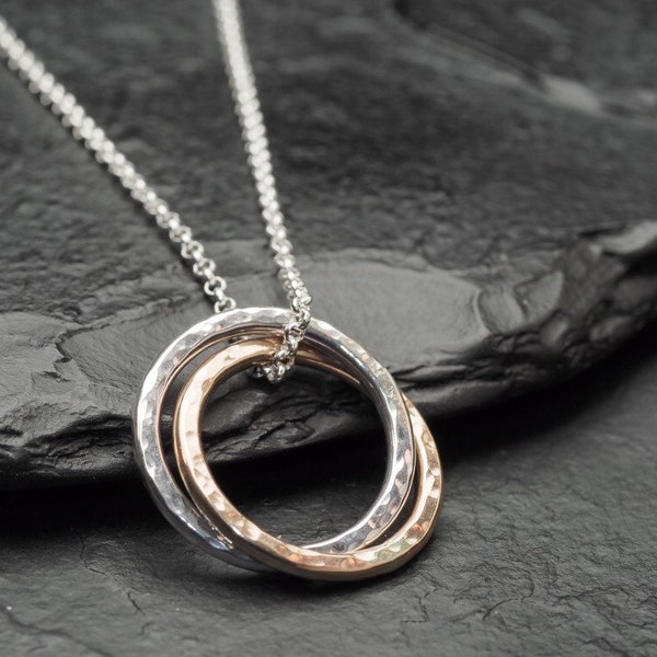 small hammered and intertwined sterling silver and gold circles necklace, ildiko jewelry, minimalist jewelry