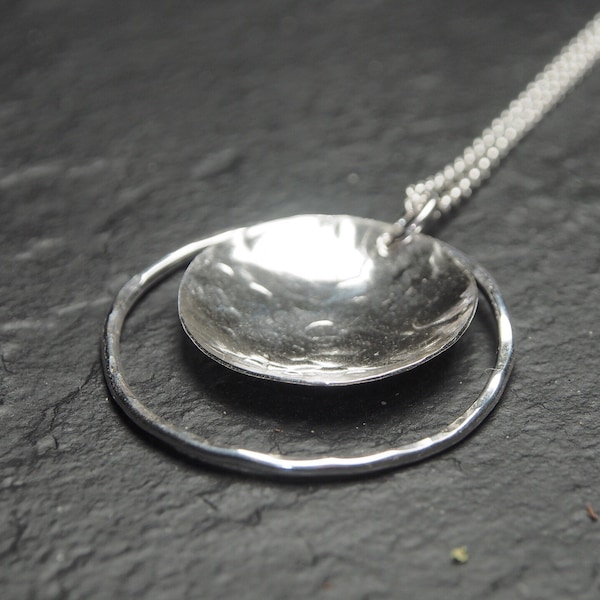 sterling silver hammered circle disc inside circle outline pendant, long sterling silver chain necklace, ildiko jewelry, minimalist jewelry